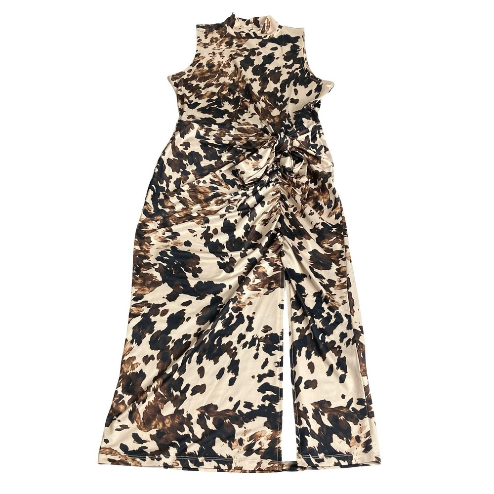 Bar III Animal Print Maxi Dress Women Small Mock Neck Sleeveless Tie Front‎ Slit